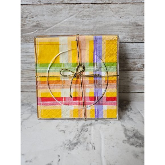 New Set of FOUR "No Sweat Coasters" Yellow Plaid 5 Inches - Picture 1 of 8